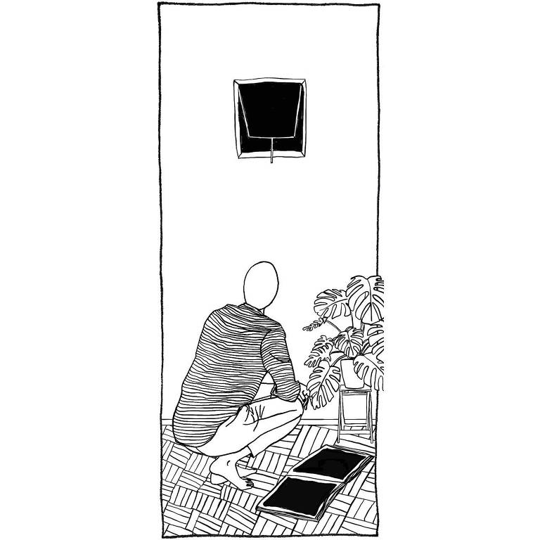 Ilustração de pessoa agachada embaixo de uma janela e olhando para ela. Há um vaso de plantas e um livro perto dela