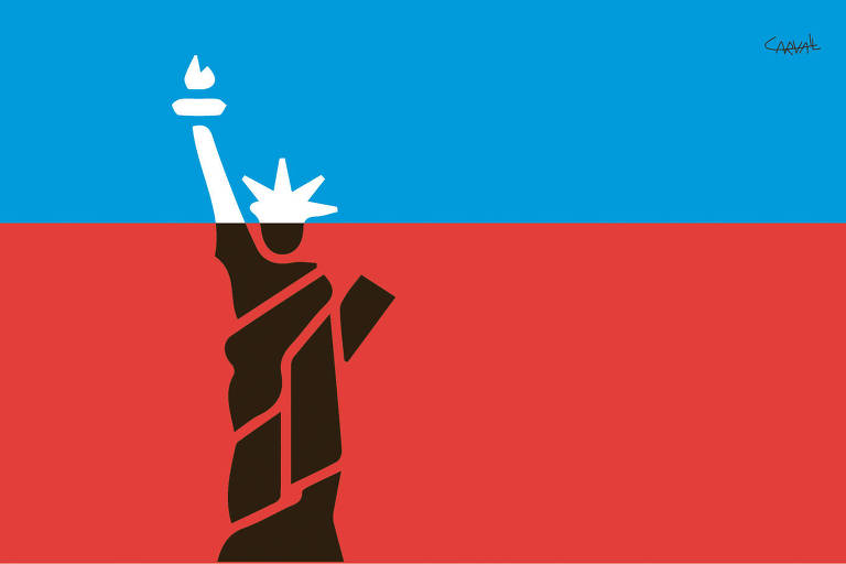 ilustração Carvall para coluna Omdudsman do dia 07 de junho. em fundo azul e vermelho a estatua da liberdade.
