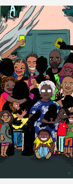 Ilustração de uma família com pessoas negras e algumas silhuetas de pessoas que faziam parte do retrato.
