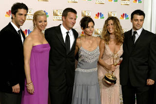 FILE PHOTO: FRIENDS CAST APPEARS WITH WINNER JENNIFER ANISTON AT EMMY AWARDS.