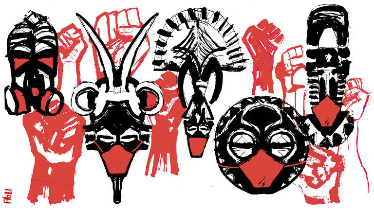 Ilustração de diversas máscaras e de punhos fechados