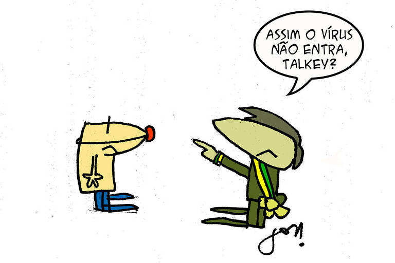 Bolsonaro põe nariz de palhaço em uma pessoa na charge da leitora Josiane Massa para o Painel do Leitor