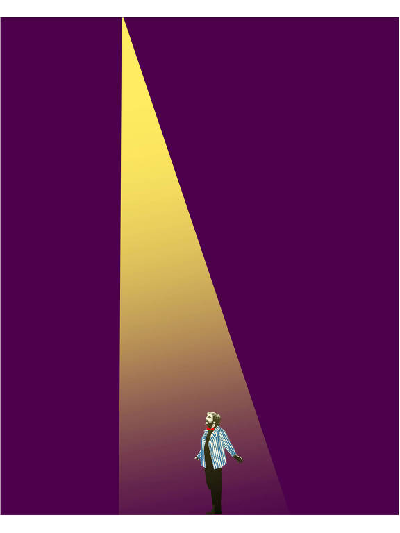 Colagem com fundo roxo. Do alto, um spot de luz desce iluminando o colunista Gregório Duvivier, que usa terno listrado azul e branco, com gravata borboleta vermelha e braços levemente abertos.