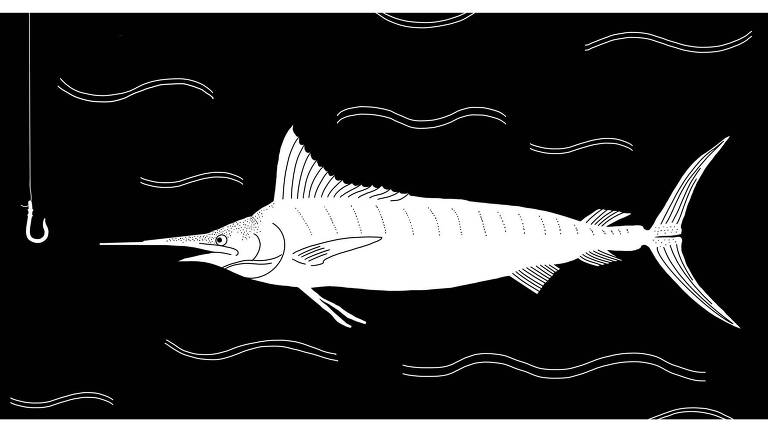 Ilustração de um peixe Marlim-Azul com um anzol em sua frente