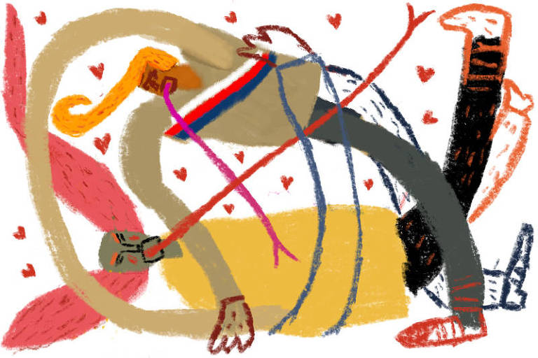 Ilustração de duas pessoas estilizadas uma de frente para a outra com seus braços e pernas se cruzando. Uma pessoa tem cabelo loiro com topete e veste uma faixa branca, vermelha e azul no corpo. A outra pessoa tem cabelo vermelho semelhante ao de um palhaço 