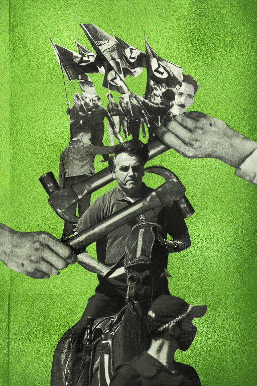Colagem com fundo verde com imagens de Bolsonaro montado num cavalo, cenas do integralismo, Plínio Salgado e mãos segurando martelos