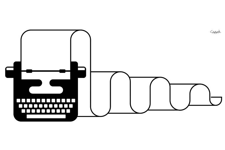 Ilustração mostra máquina de escrever em preto e branco, com grande papel ondulado saindo da carretilha