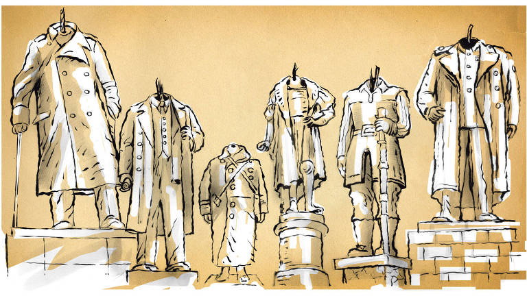 Ilustração de seis estátuas com roupas formais antigas e sem as cabeças