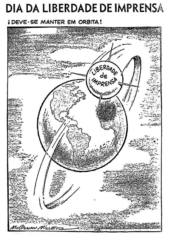 Ilustração publicada no jornal Folha da Manhã, de 7 de junho de 1959, sobre o "dia da liberdade de imprensa"