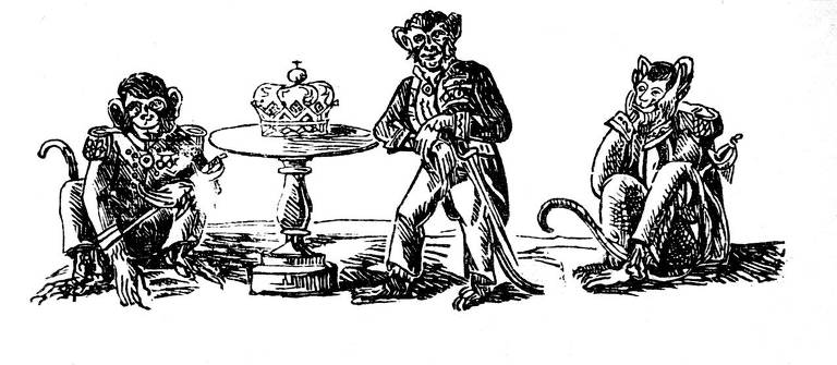 Caricatura em uma publicação do Exército paraguaio que retrata como macacos três autoridades brasileiras: o almirante Tamandaré, o imperador Pedro 2º e o general Polidoro 