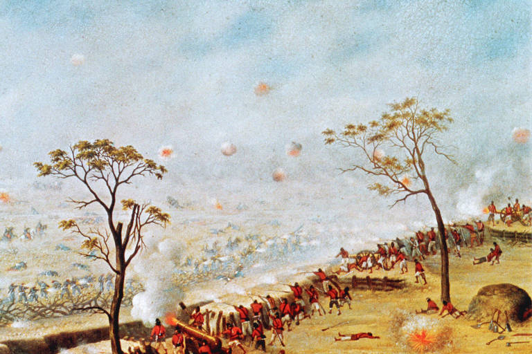 'Trincheira na Batalha de Curupaiti', obra do pintor argentino Cándido López que retrata a principal derrota da Tríplice Aliança durante a Guerra do Paraguai; conflito aconteceu setembro de 1866