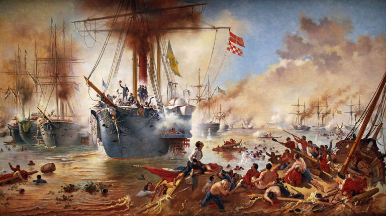 Obra 'Combate Naval do Riachuelo', do artista brasileiro Victor Meirelles; batalha aconteceu em 11 de junho de 1865 às margens do arroio Riachuelo, um afluente do rio Paraná, na província de Corrientes, na Argentina
