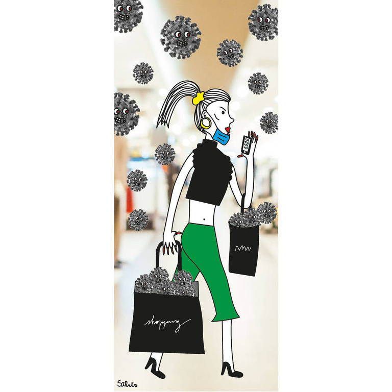 Ilustração de uma mulher andando em um shopping com um celular e sacolas nas mãos. Ela está bem vestida e está com a máscara descartável apoiada no queixo