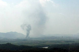 Smoke rises from Kaesong Industrial Complex in this picture taken from the south side in Paju