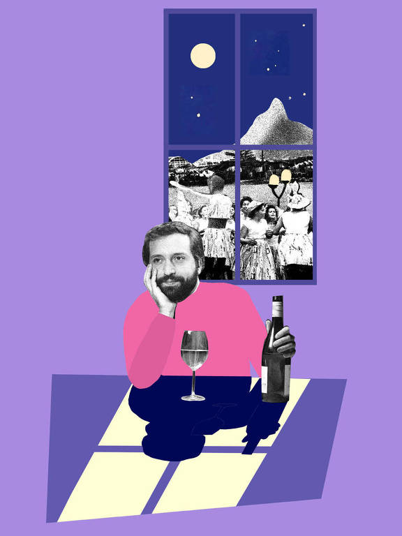 Colagem com fotografia de Gregorio Duvivier sentando em uma mesa com uma garrafa e uma taça em sua frente. No fundo, é possível ver uma janela e muitas pessoas lá fora