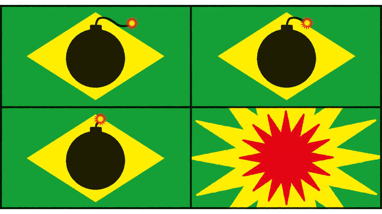 Ilustração dividida em quatro quadrantes com fundo verde e um losango amarelo em cada um em referência à bandeira do Brasil. Em três cenas, há uma bomba que está com o pavio aceso e cada vez mais curto. No último quadrante, há apenas uma explosão