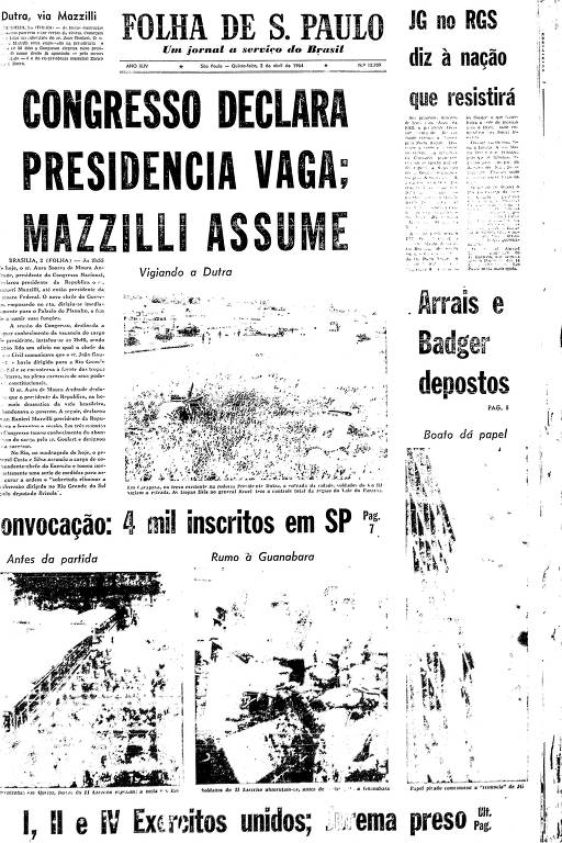 Capa da Folha de S. Paulo do dia 2 de abril de 1964 onde o Congresso declara vaga a presidência da República