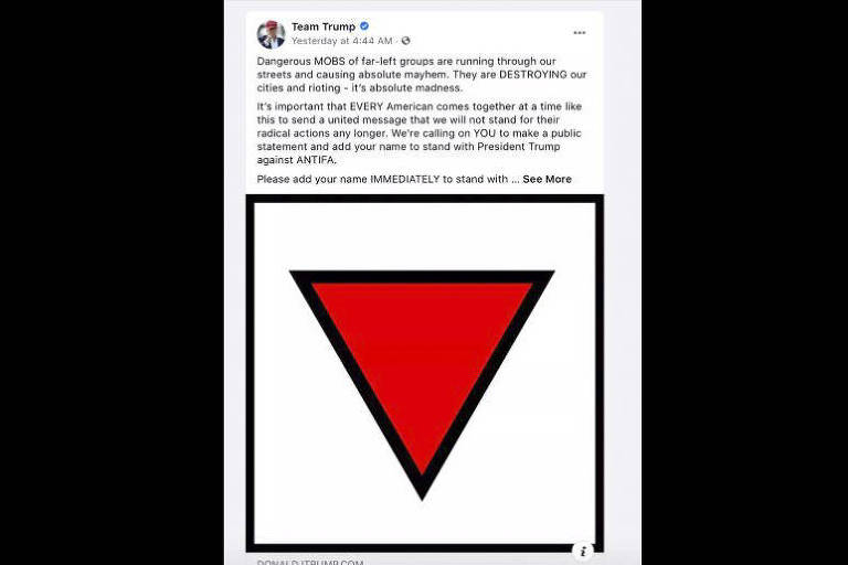 Post de Trump com triângulo invertido usado por nazistas retirado do ar pelo Facebook 
