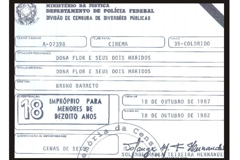 Imagem de certificado de 1982 da Divisão de Censura de Diversões Públicas para o filme "Dona Flor e seus Dois Maridos"