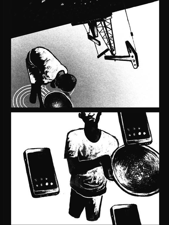 ilustração de garoto pegando pepitas no mar e iphones