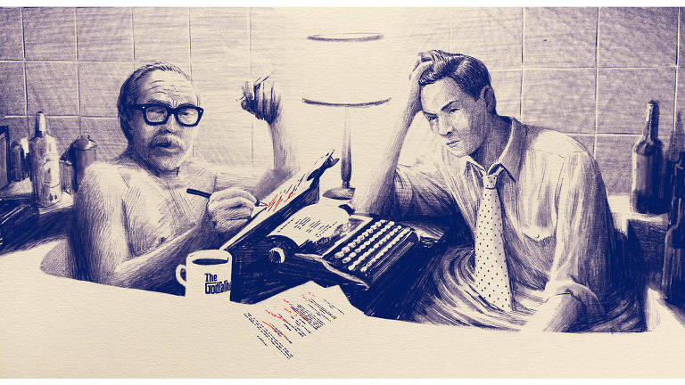 Ilustração de dois homens dentro de uma banheira, um de cada lado e uma máquina de escrever entre eles. Um homem é mais velho e está sem camisa, ele escreve com caneta vermelha em cima de um papel já datilografado, há uma caneca do The Godfather perto dele. O outro homem veste camisa e gravata e passa a mão no cabelo