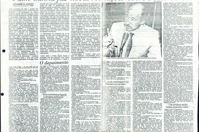 Matéria da Folha de 19 de fevereiro de 1984 sobre o escândalo Coroa-Brastel, caso aberto pela Justiça em 1985 contra o empresário Assis Paim Cunha e os ministros Delfim Netto e Ernane Galvêas acusados de desviar recursos da Caixa Econômica Federal em forma de empréstimos para o empresário