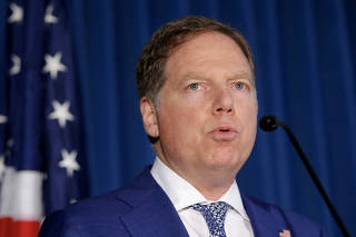 FILE PHOTO: Geoffrey Berman, the U.S. Attorney for the Southern District of New York, speaks during a news conference announcing charges against attorney Michael Avenatti in New York