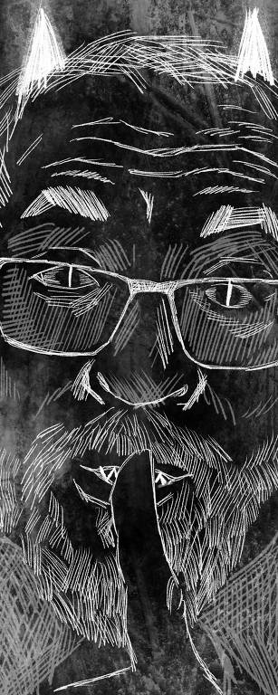 Ilustração em preto e branco de homem com barba e óculos com o dedo indicador em frente à boca em sinal de pedido de silêncio. Sobre a cabeça dele dois rabiscos em forma de chifres