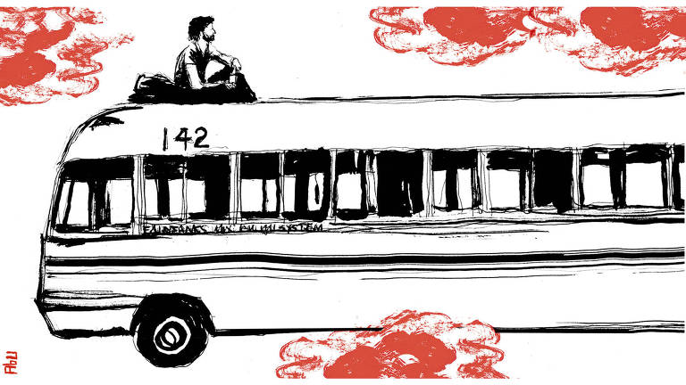 Ilustração de um homem sentado em cima de um ônibus antigo com o número 142 escrito em sua lateral. Há nuvens em volta da cena