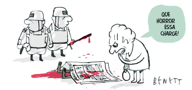 Em charge publicada na edição de 12 de dezembro de 2019 da Folha, o cartunista Benett ironiza a repercussão dos cartuns frente à violência policial registrada em Paraisópolis dias antes