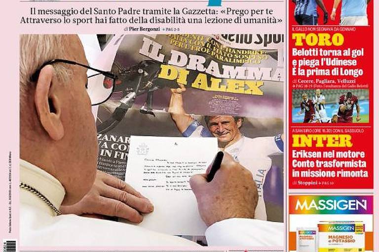 Papa Francisco escreve carta para Alex Zanardi em foto da capa do jornal italiano Gazzetta dello Sport