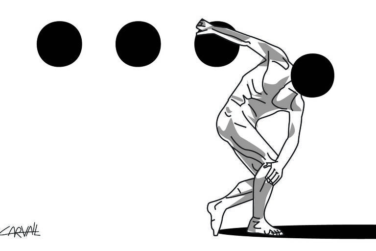 Ilustração de estátua grega que joga um disco, mas o disco e seu rosto são círculos pretos. Ela segura um deles, que está acompanhado de outros dois, formando reticências