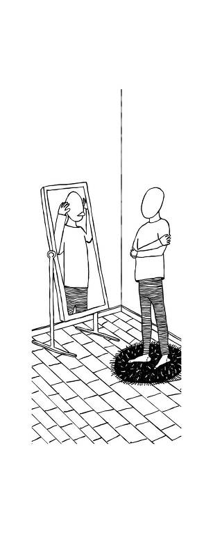 Ilustração de homem em frente ao espelho de braços cruzados, seu reflexo mostra a língua para ele.