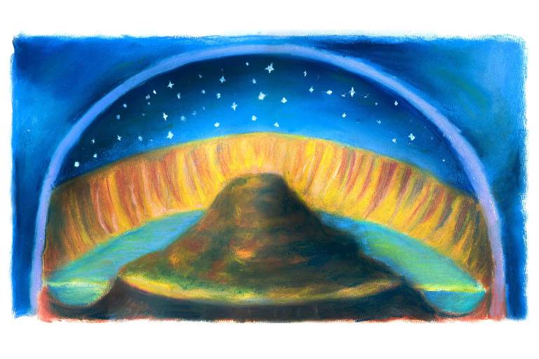 Ilustração mostra montanha dentro de cúpula estrelada.