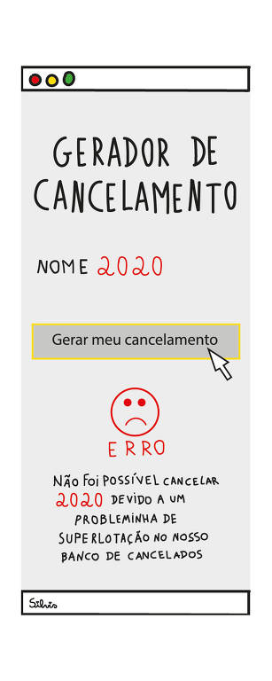 Ilustração imita tela de navegador de internet de um fictício "gerador de cancelamento"