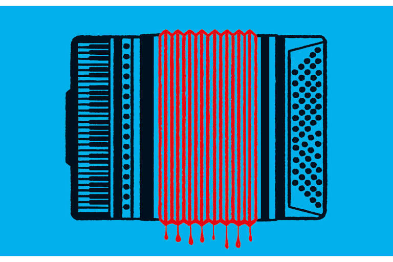 Ilustração de um acordeão em contornos pretos em que apenas o fole (parte móvel) é vermelho com gotas vermelhas caindo dele