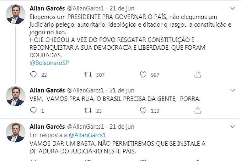 Tuítes de Allan Garcês atacando o STF