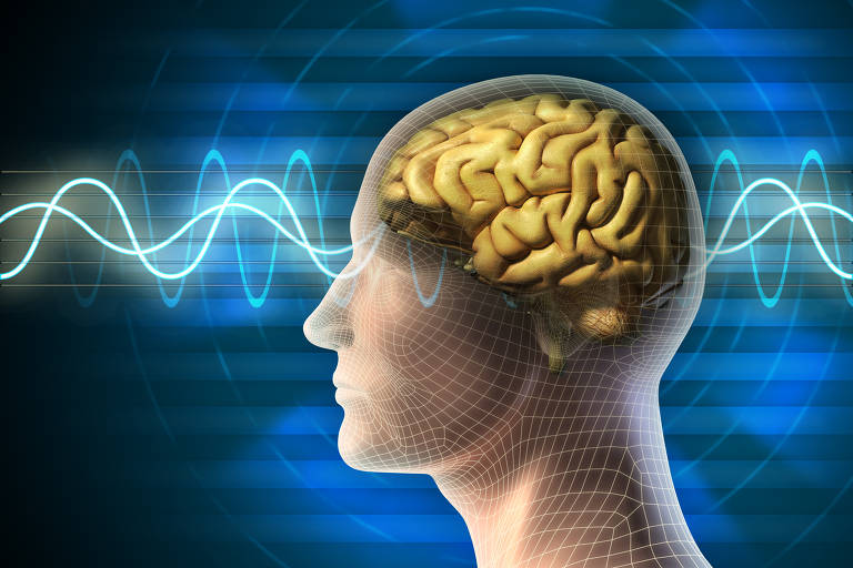 Ilustração de uma cabeça humana, com destaque para o cérebro e ondas cerebrais pairando sobre ela