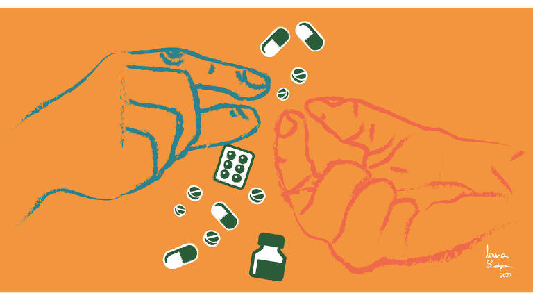 Ilustração de duas mãos com pílulas e cápsulas de remédio flutuando entre elas