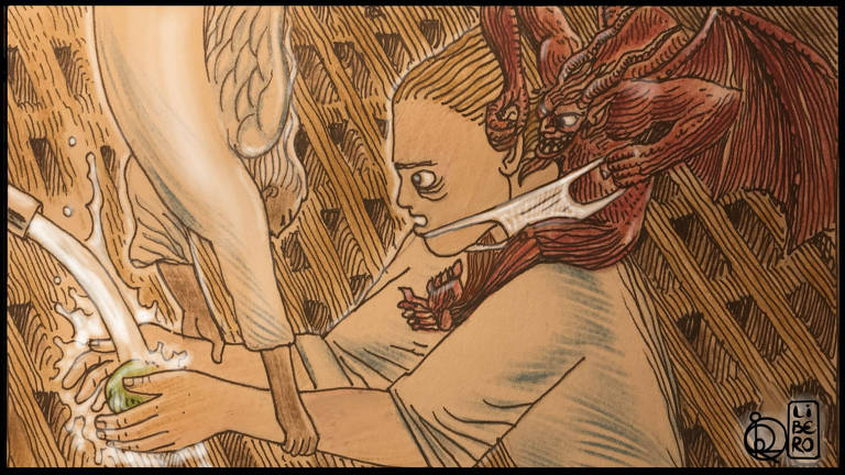 Ilustração de uma pessoa lavando as mãos com expressão assustada. Seus braços estão sendo segurados na água por um anjo e sua máscara está sendo puxada por um demônio que está sentado em seu ombro
