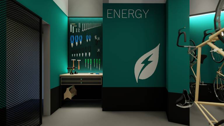 Projeto da arquiteta Mila Strauss, da MM18, de área compartilhada para manter as bicicletas em um condomínio