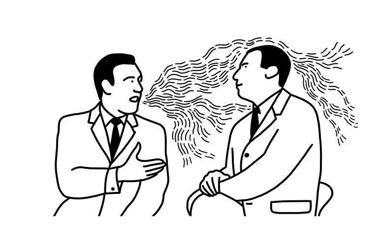 Ilustração de dois homens de terno conversando, da boca do que está falando saem vários riscos.
