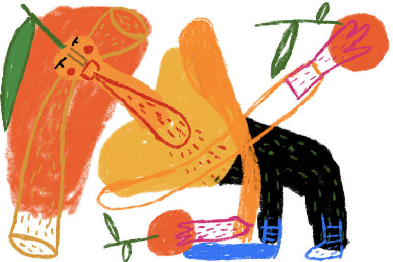 Ilustração de pessoa laranja, segurando duas laranjas, com cabeça laranja.