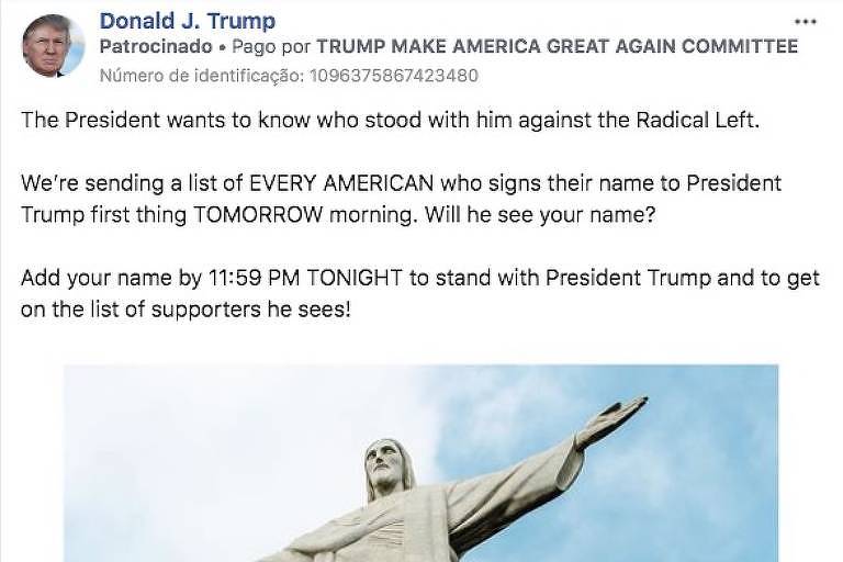 Em anúncio de campanha, Trump promete proteger Cristo Redentor contra a 'extrema esquerda'
