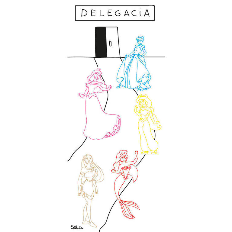 Ilustração de princesas da Disney (Cinderela, Bela Adormecida, Jasmin, Pocahontas e Ariel) na frente de uma delegacia 