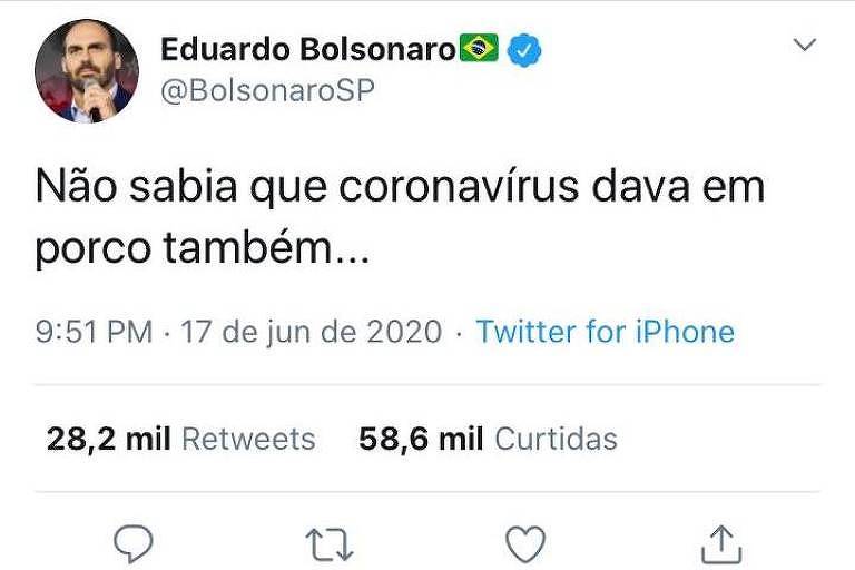 'Não sabia que coronavírus dava em porco', disse Eduardo Bolsonaro sobre Joice Hasselmann