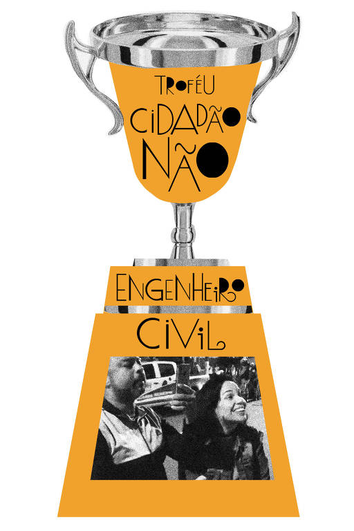 Ilustração de troféu. Nele estea escrito "Troféu cidadão, não! Engenheiro civil"e a foto do casal do episódio que originou a frase.