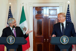 U.S. President Trump and Mexico?s President Lopez Obrador make joint statements before dinner at the White House in Washington