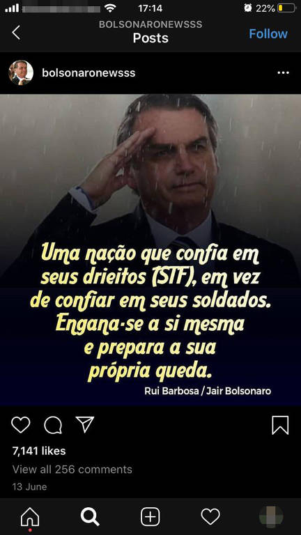 Postagens da conta do Instagram @bolsonaronewsss, que tem 492 mil e é administrada pelo assessor especial da Presidência da República Tércio Arnaud Tomaz