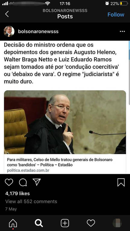Postagens da conta do Instagram @bolsonaronewsss, que tem 492 mil e é administrada pelo assessor especial da Presidência da República Tércio Arnaud Tomaz